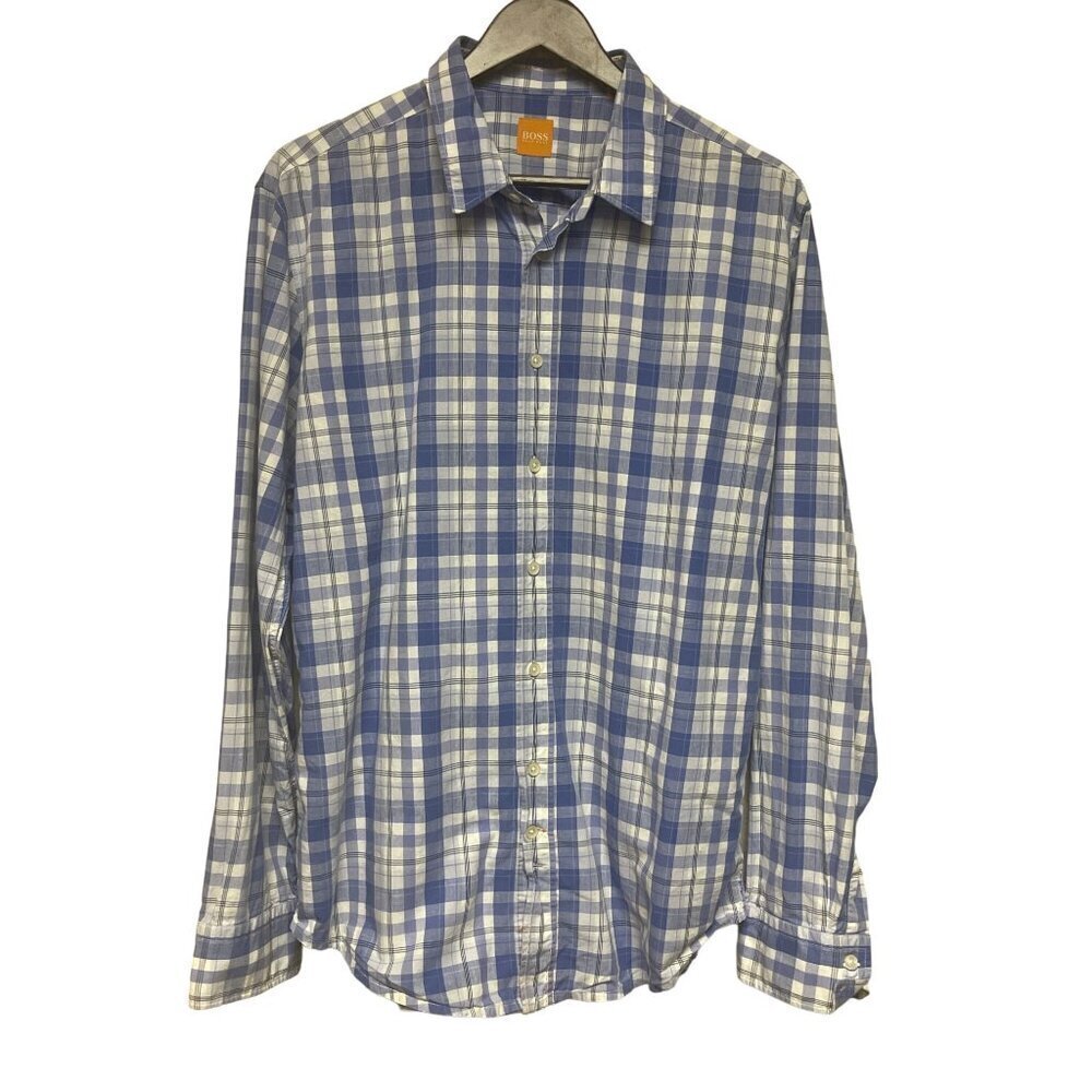 BOSS Hugo Boss Blue Plaid Long Sleeve Button Down Shirt Men's Size XL